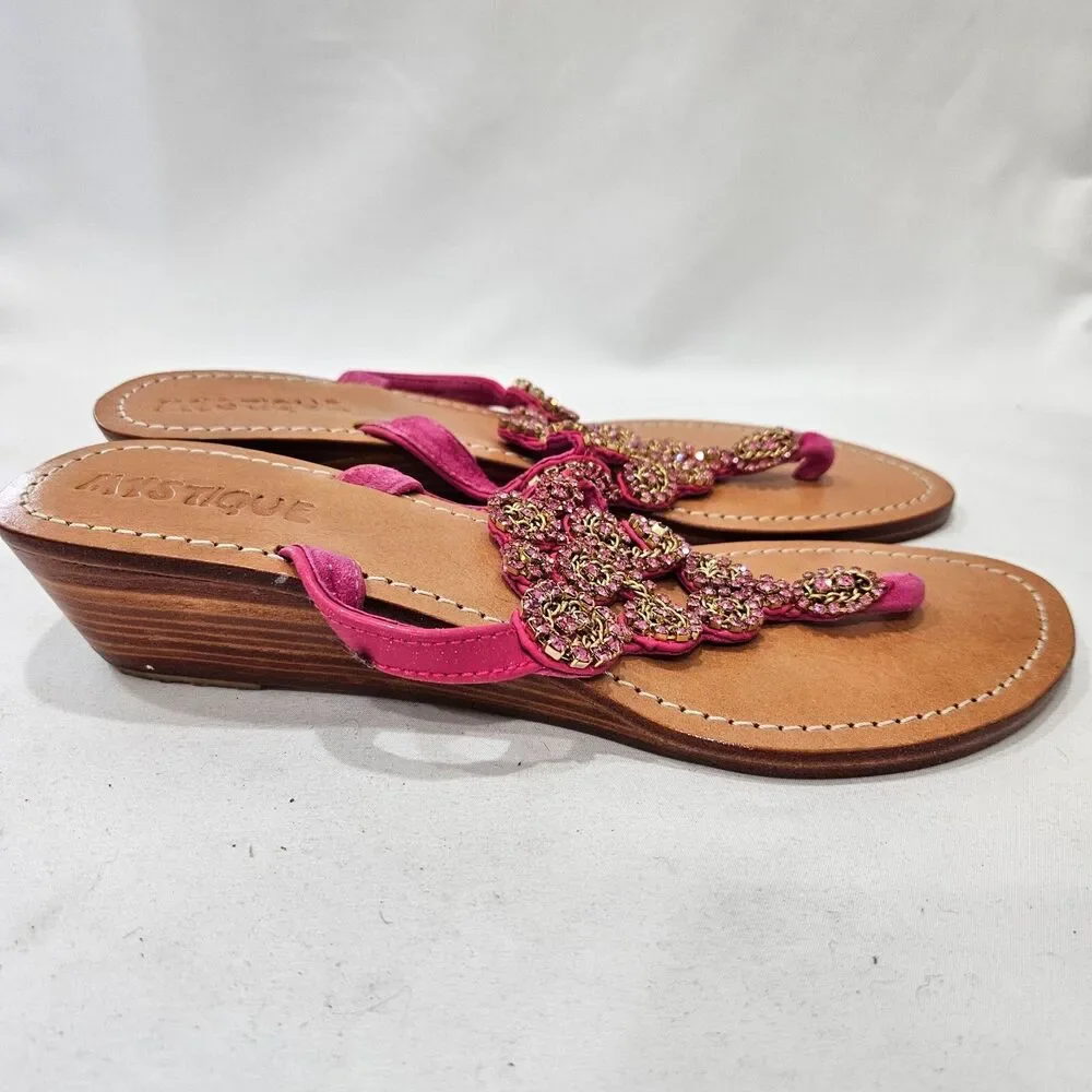 Mystique Womens Leather Jewel Wedge Flip Flops Size 8 Pink Embellished Summer